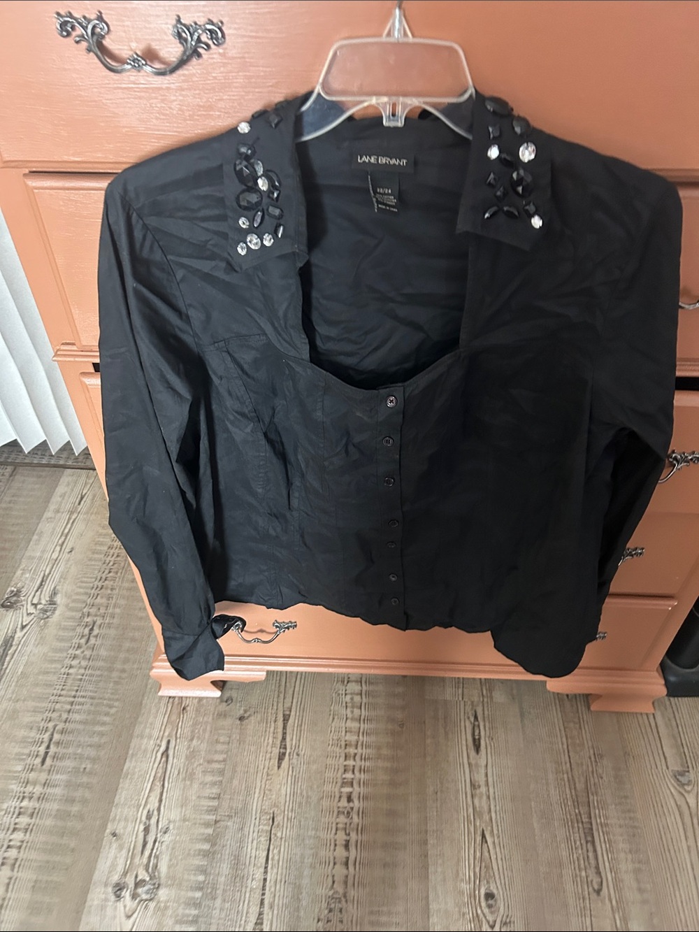 Lane Bryant Black Button-Front Top with Jeweled Collar